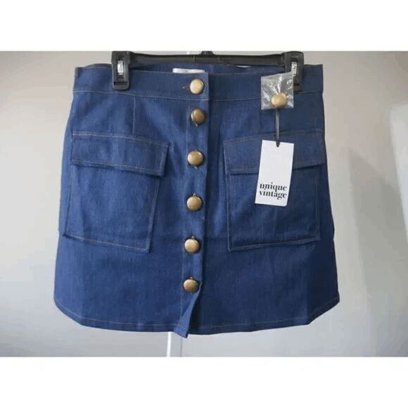 Unique Vintage Medium Blue Denim Button Up Mini Skirt L - Picture 5 of 5